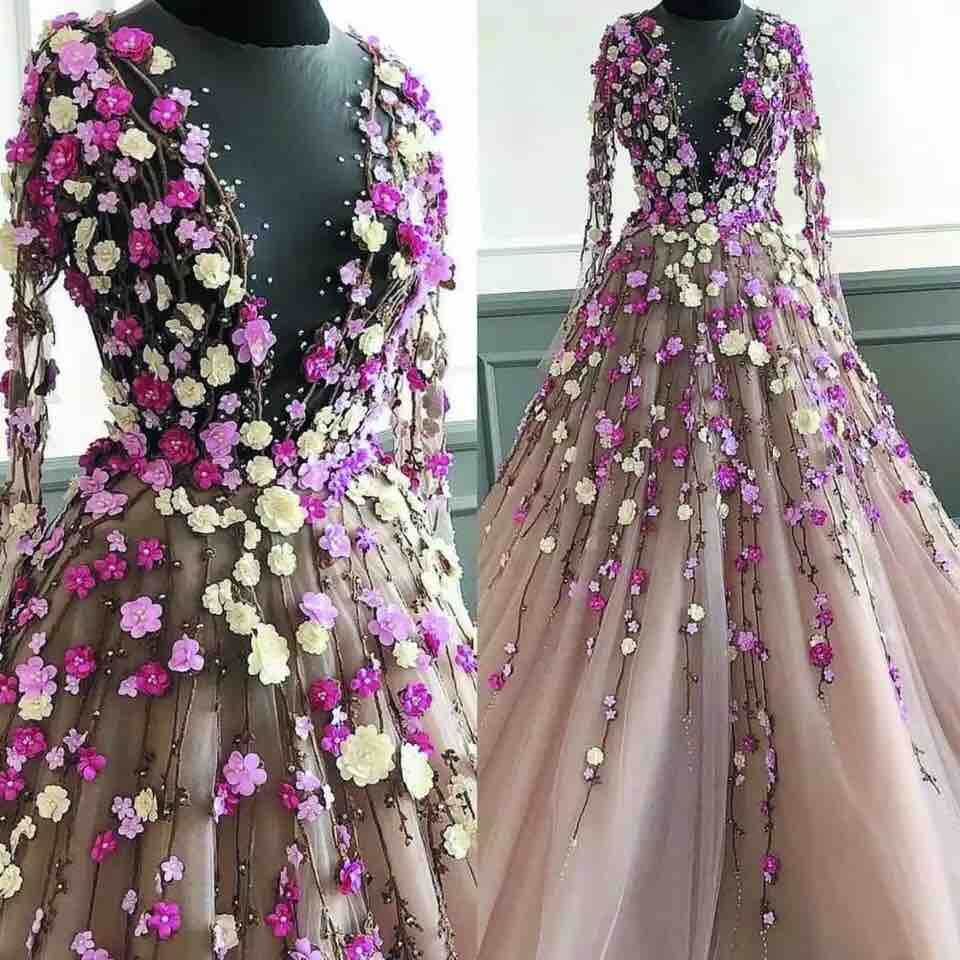 3D Floral Appliqued Prom Dresses 2020 Vintage Long Sleeve Flower ...