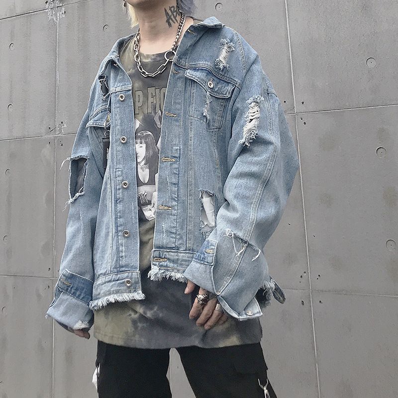 Mens Jackets 2021 F/W Damage Mens Denim Jacket High Street Hiphop