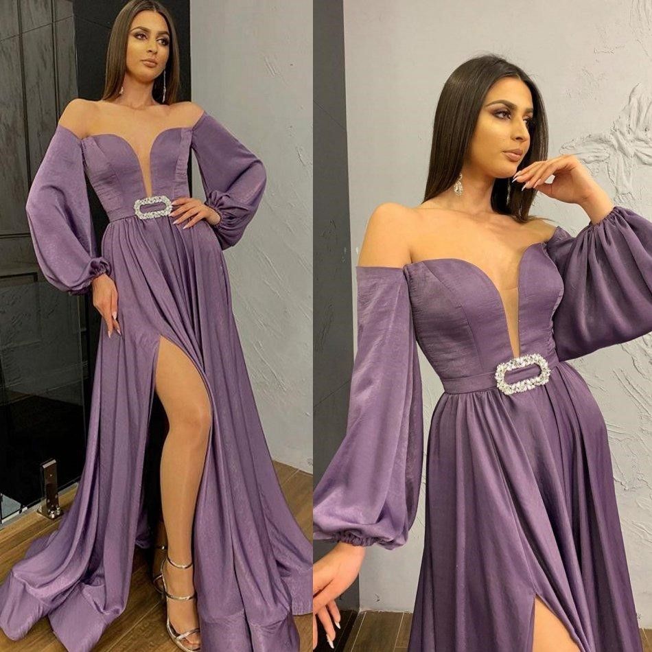 Violeta del hombro de la correa larga de las mangas vestido de fiesta