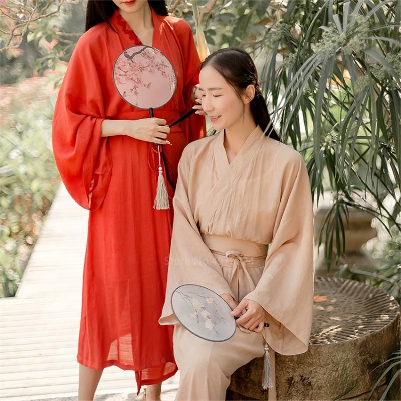 Ropa étnica Ropa tradicional Mujeres Chicas Hanfu Establecer Lace Up Vendaje Vestido Cardigan