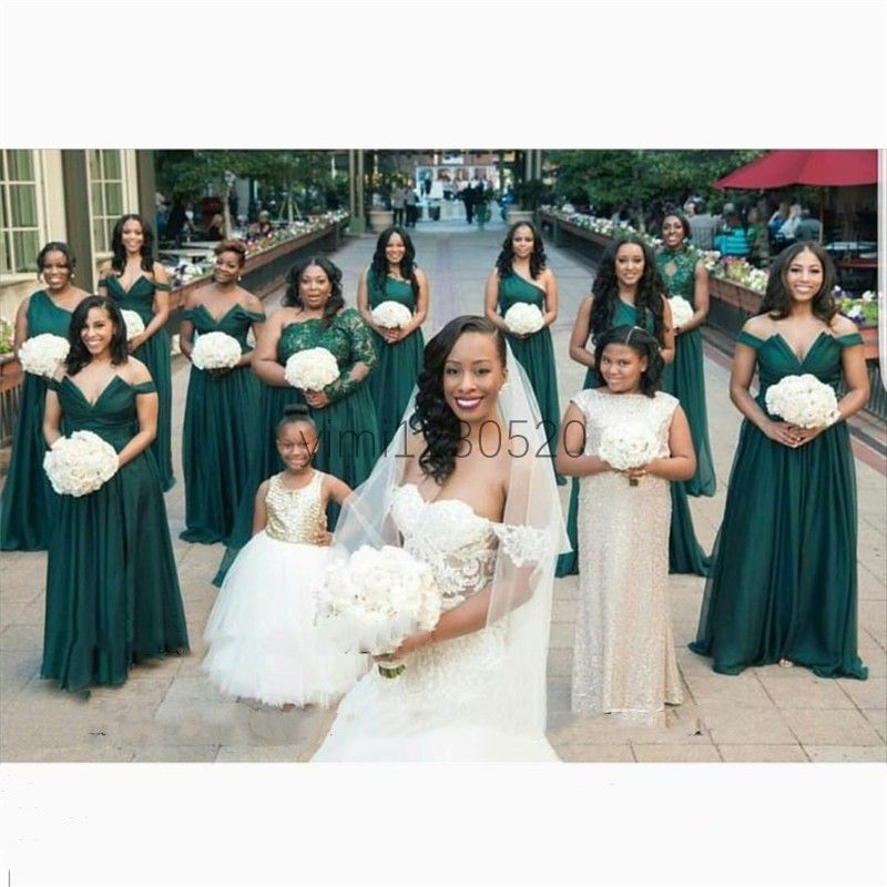 African Teal Bridesmaid Dresses A Line Sweep Train Satin Garden