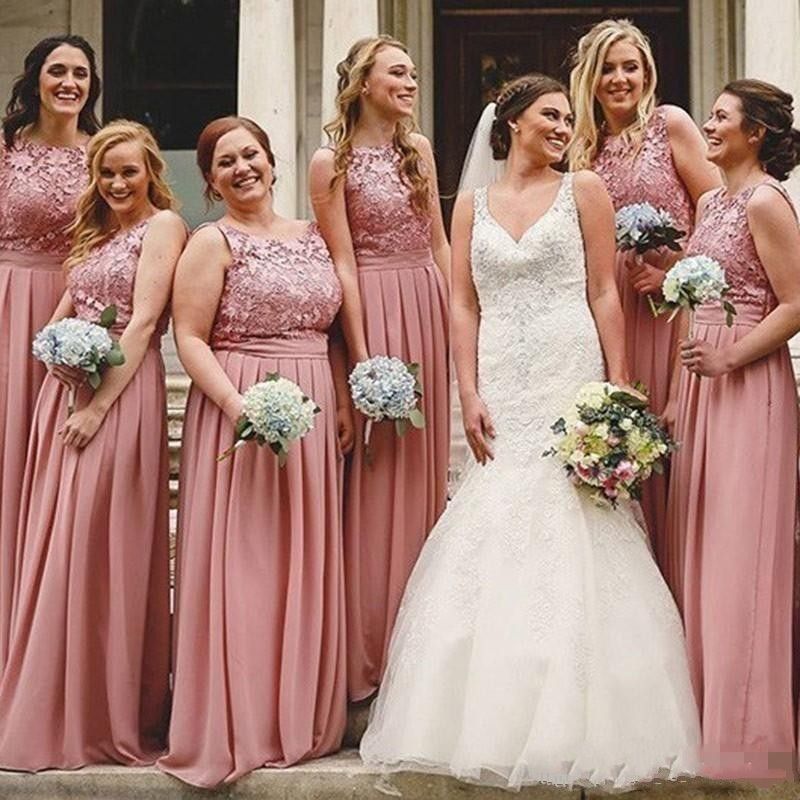 New Boho Dusty Pink Bridesmaid Dresses Chiffon Floor Length Scoop Neck Lace Applique Beach 