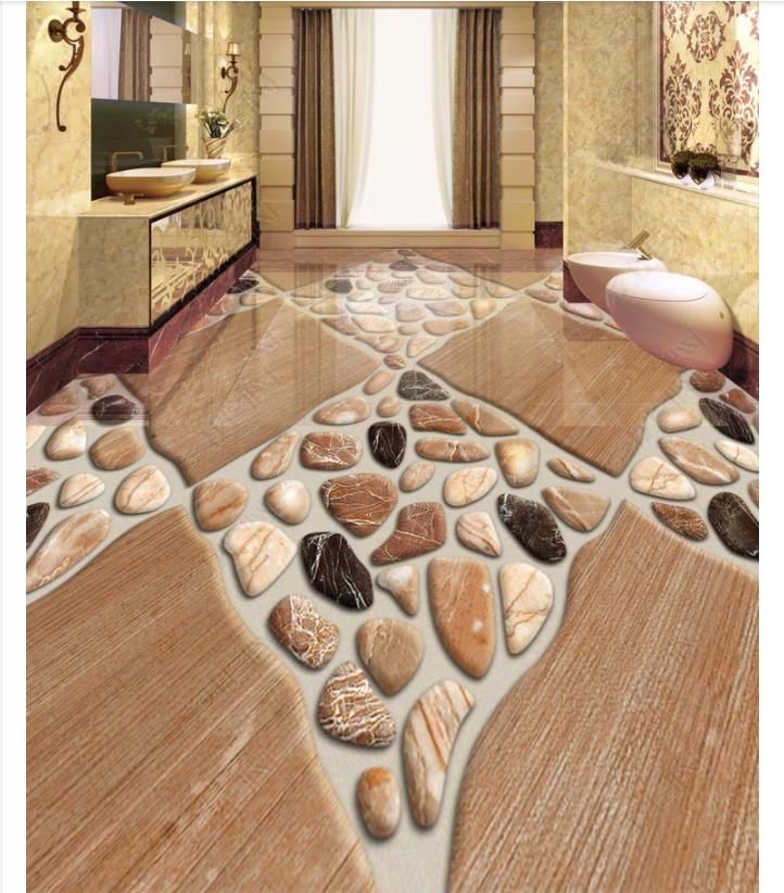 Custom 3d Photo Self Adhesive Waterproof Floor Painting Wall Paper 3d Bathroom Floor Natural Stone Floor Tile Stereo Pebbles Yellow Wallpaper