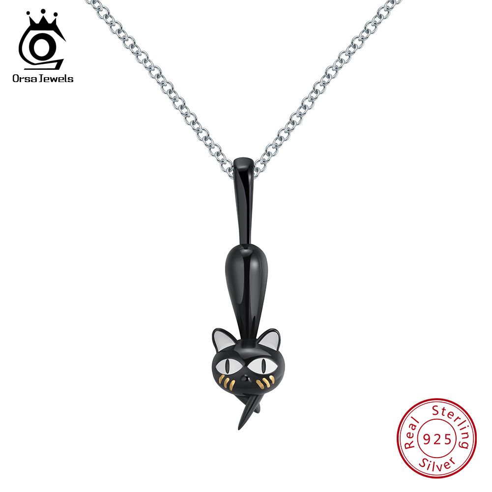 Орса JEWELS Оригинальный дизайн 925 Серебряный кулон ожерелья черный пистолет покрыло висячие Hollowed Walking Cats ожерелье подарка SN98
