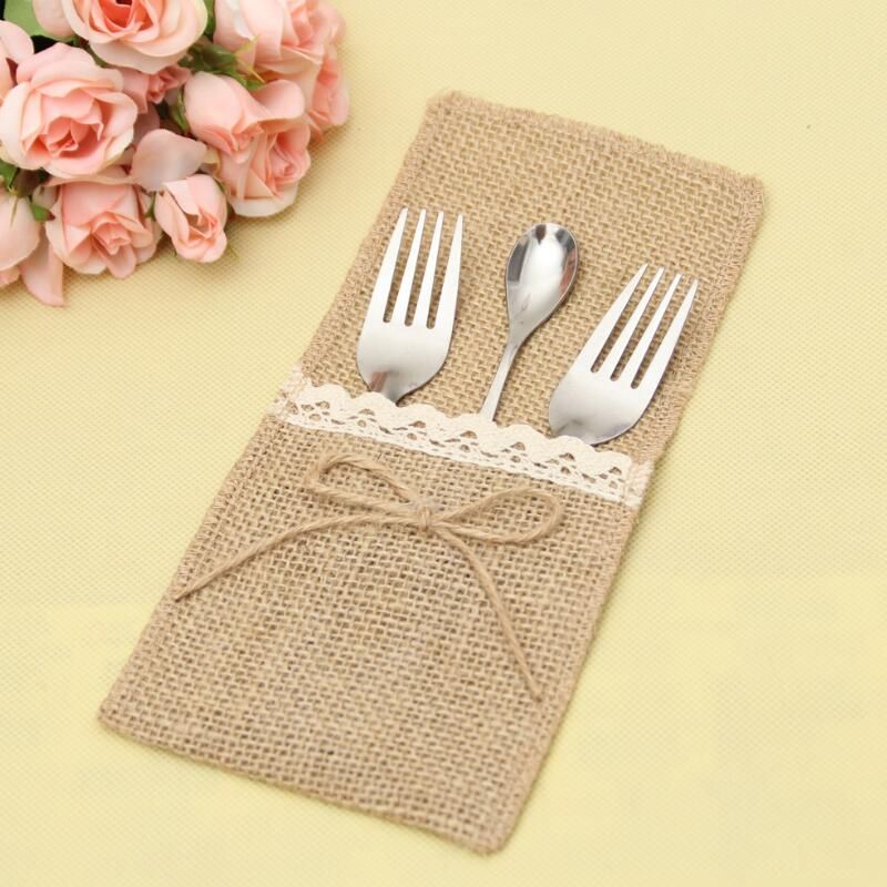 Country Wedding Table Silverware Holder Natural Burlap Cutlery