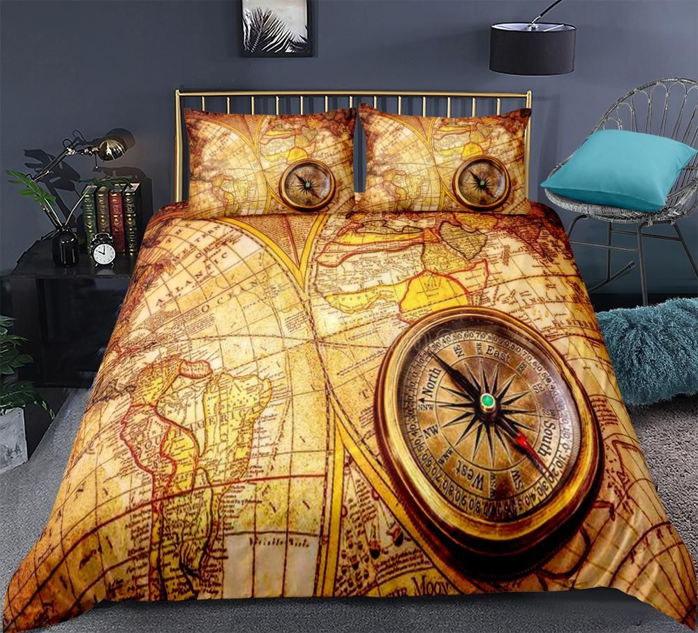 Bedding Set Compass Duvet Cover Set Vintage Style Queen Gold