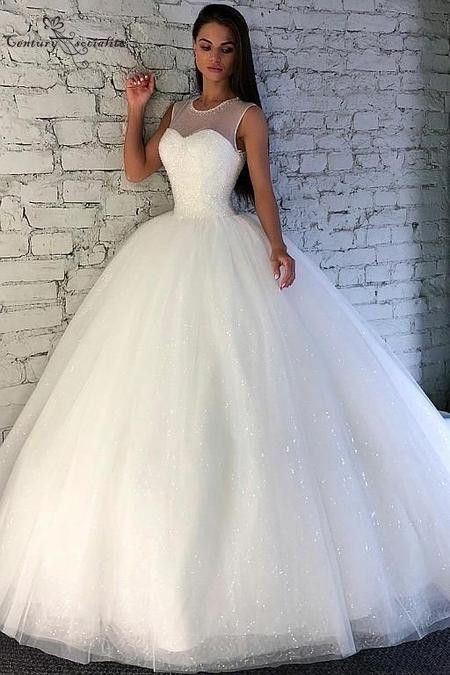 Compre 2019 Glitter Vestidos De Novia De Lujo Para Novia Sheer Cuello Con  Abalorios De Cordones De Bola Trasera Bola De Barrido Tren Vestidos  Nupciales Robe De Mariee A 184,76 € Del