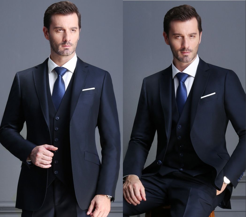Navy Blue Lapel Groom Tuxedos 2 Button Men Suits Mens Business