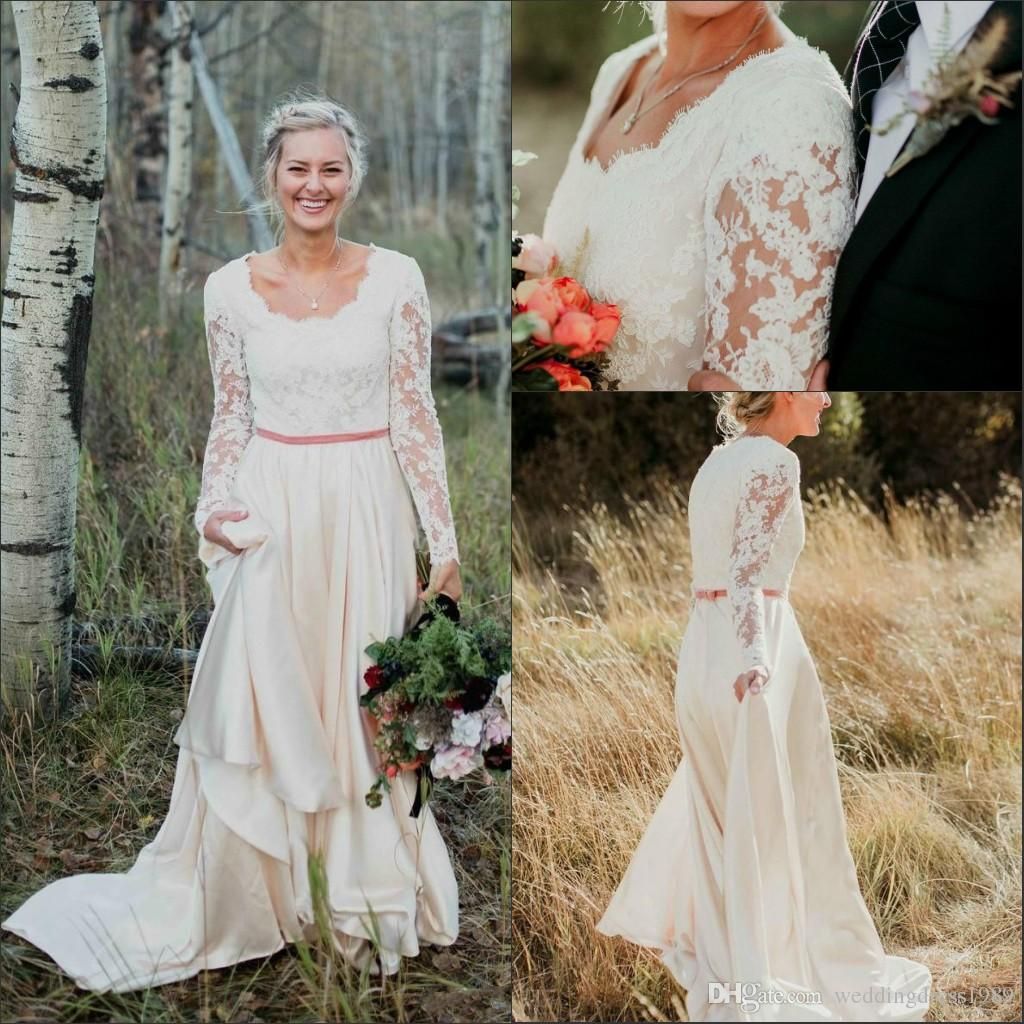 Discount Modest Autumn Fall Country Wedding Dresses Illusion Long