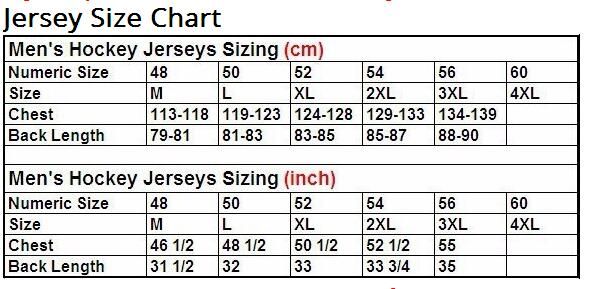 Ice Hockey Jersey Size Chart