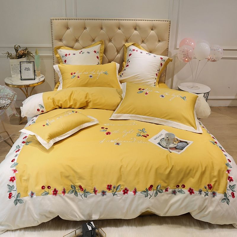 Yellow Floral Embroidery Bedding Set Queen King Size Egyptian