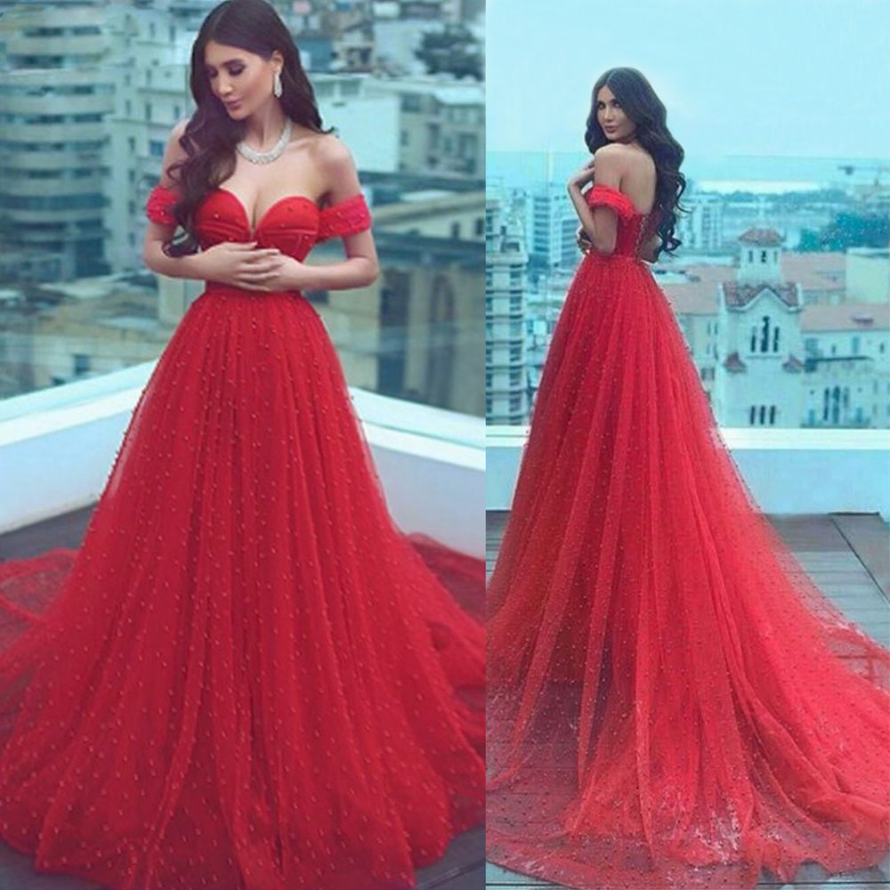 red off shoulder evening gown