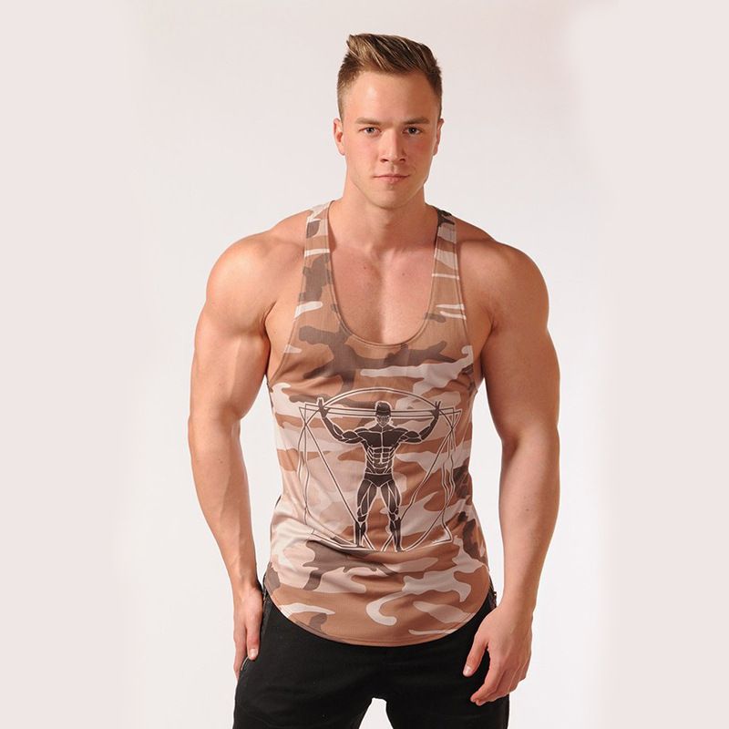 STORTO Mens Fitted Camouflage Elastic Workout Tank Tops Gym Bodybuilding T-Shirts