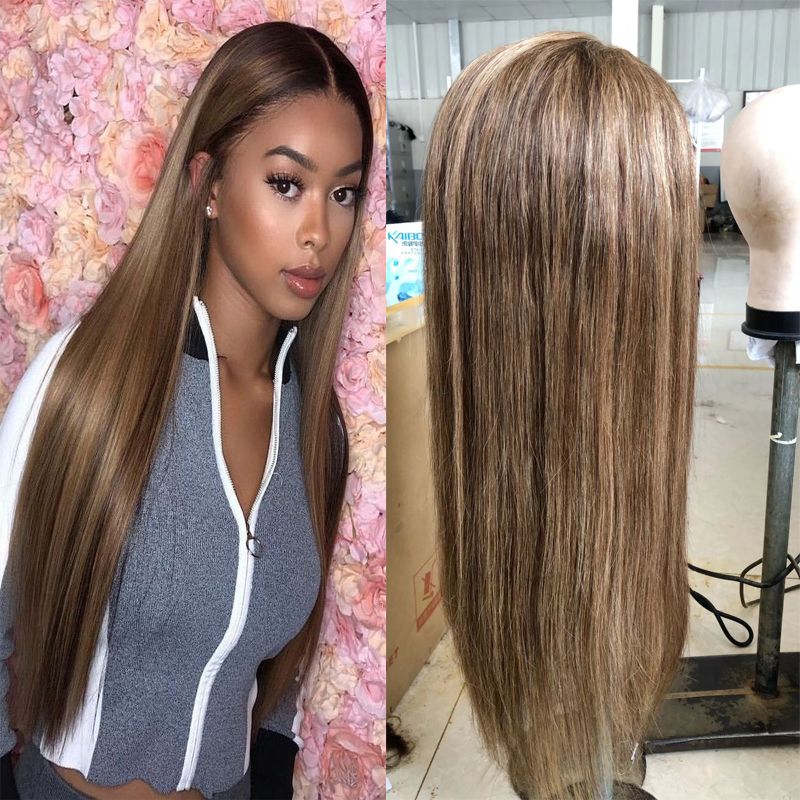 Highlight Color Lace Front Human Hair Wigs With Baby Hair #6 #27 Piano  Straight Indian Virgin Hair Full Lace Wigs For Black Women