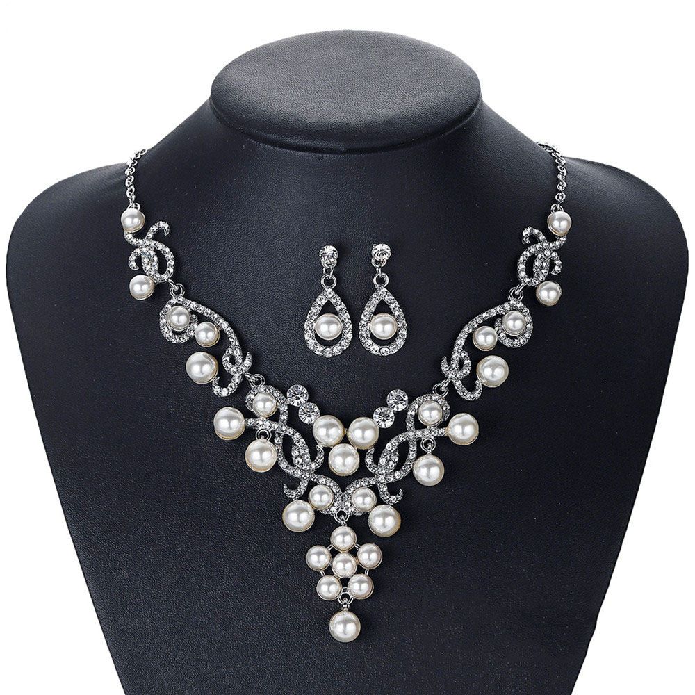 2020 Elegant Pearls Two Pieces Bridal Jewelry Bridal Necklace Earring