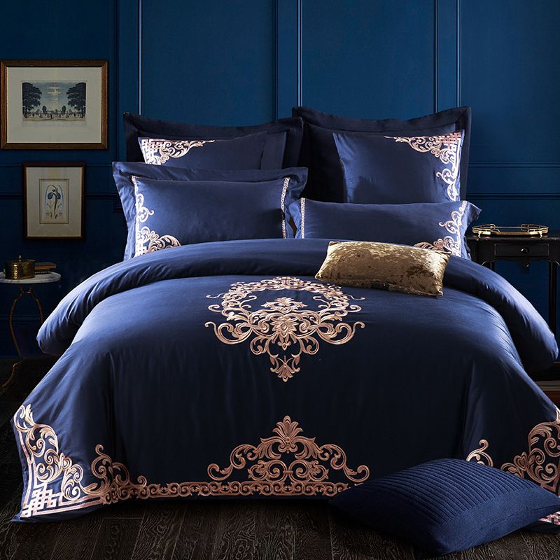 Luxury Jacquard Bed Set Royal Blue Cotton Embroidery Full Queen