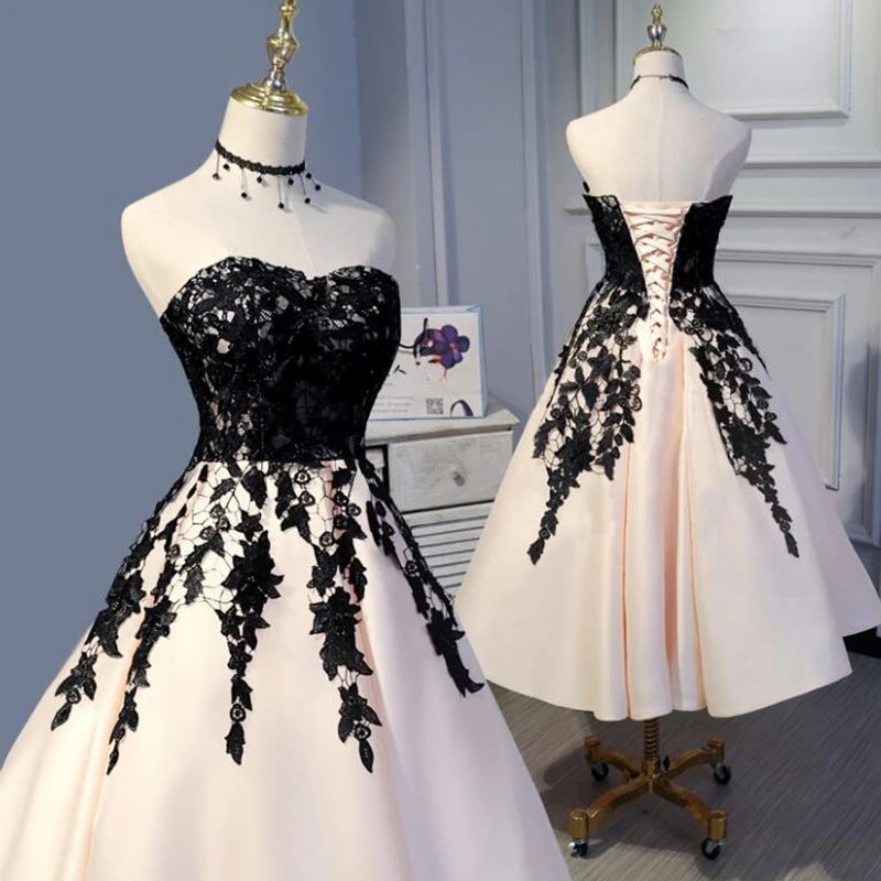 Compra Vestidos De Fiesta De Longitud De Té Sin Tirantes Decente Elegantes  Vestidos De Fiesta De Encaje Negro Satinado Con Encaje Hacia Arriba Atrás Vestido  De Noche Rosa Chic Barato | Entrega