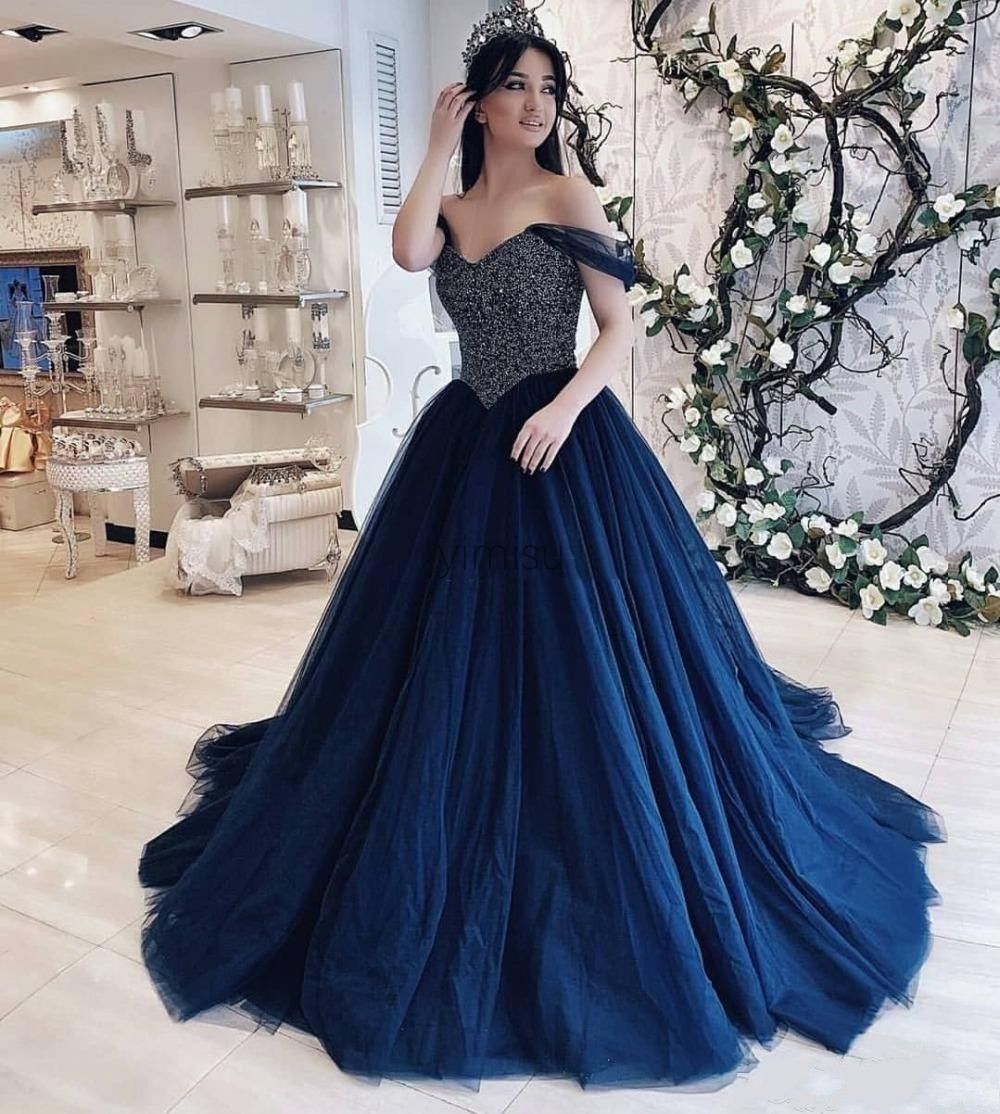 Compra 2022 Azul Marino Pearls Moderno Quinceañera Vestidos De Fiesta Del  Hombro Con Mangas Tulle Seuins Long Party Sweet 15 Vestidos De Vestido  Barato | Entrega Rápida Y Calidad | Es.Dhgate