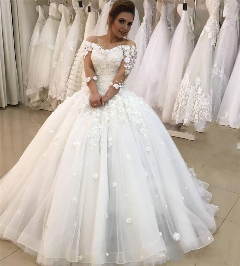 Acheter Personnalisé Manches Longues En Dentelle Robe De Bal Robes De Mariée 2020 Avec Appliques Cour Fleurs 3d Train Tulle Robes De Mariée Mariage De