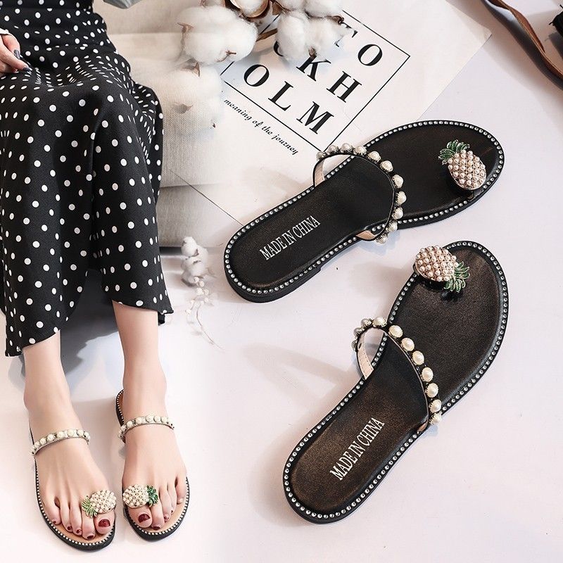 1pearl String Bead Fashion Beach Flat Slides Women Outside Solid