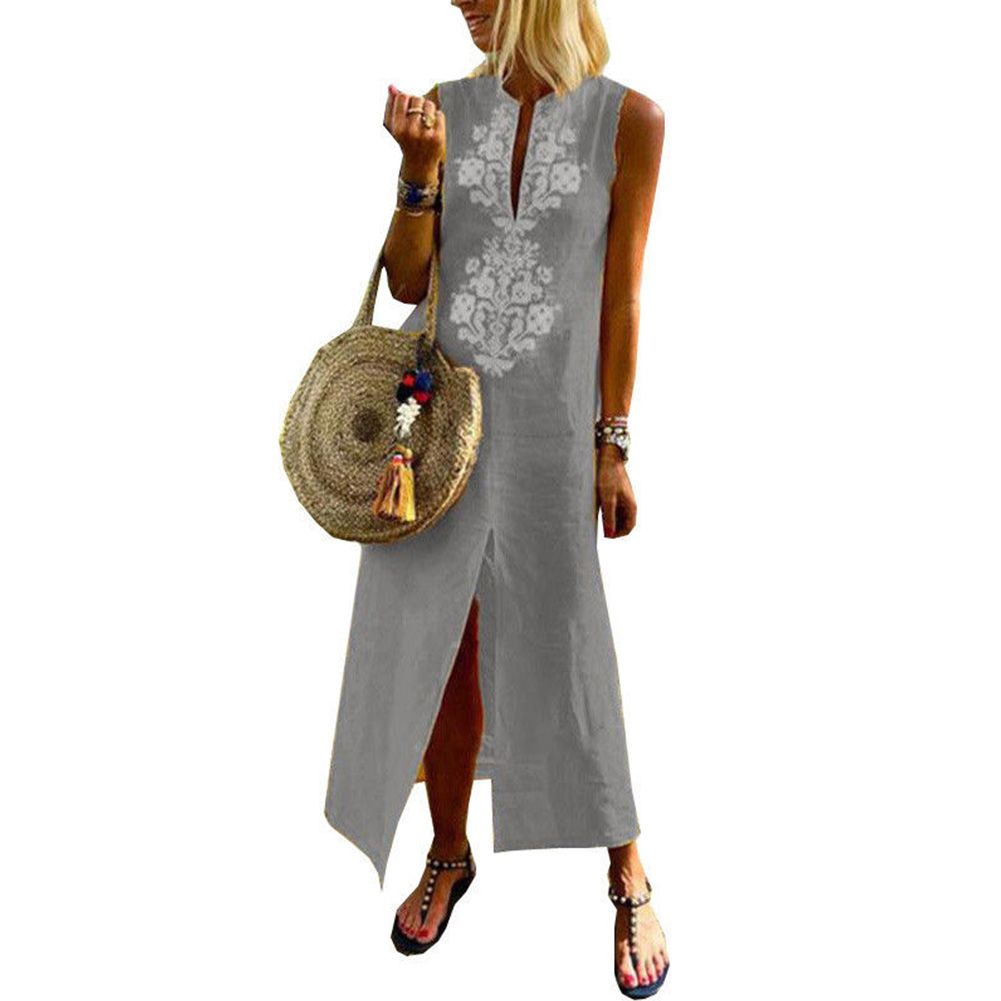 Womens Bohemian Floral Print Split Linen Maxi Dress Deep V Neck Long Sleeve Casual Party Dresses Kaftan Dress
