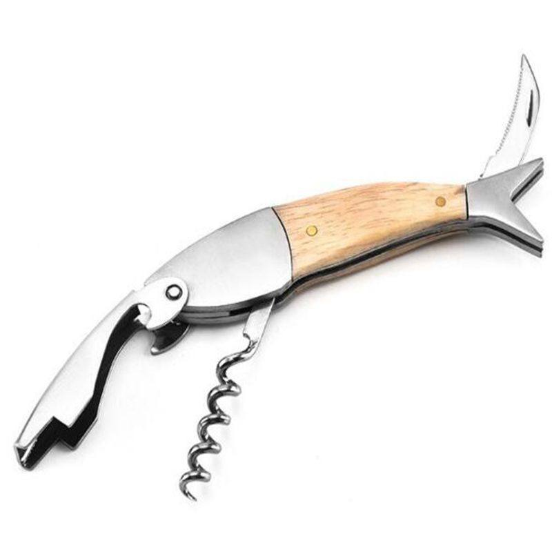 Professional Stainless Steel Wooden Fish Bones Wine Opener Bottle