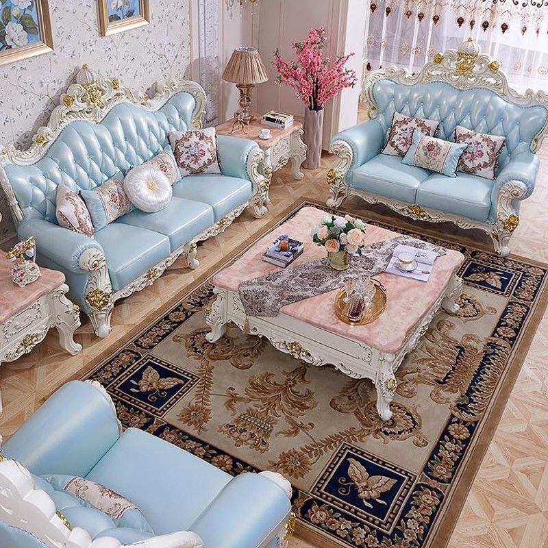 Estilo europeo de lujo Curva de madera maciza completa Sofá de cuero sala de estar