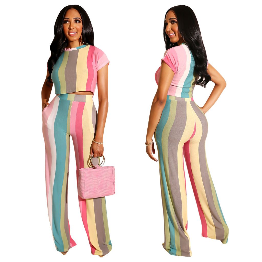 Women/'s Fashion Short Sleeve Colored Print Wide Leg Pants Jumpsuit Casual 2pcs