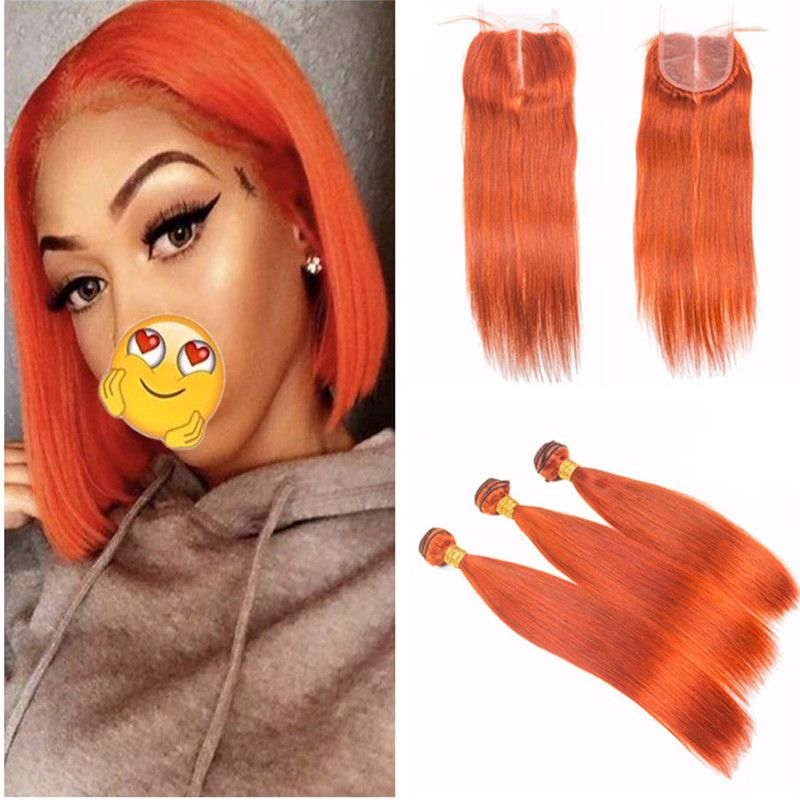 2019 Orange Bundles With Closure Silky Straight Burnt Orange Color