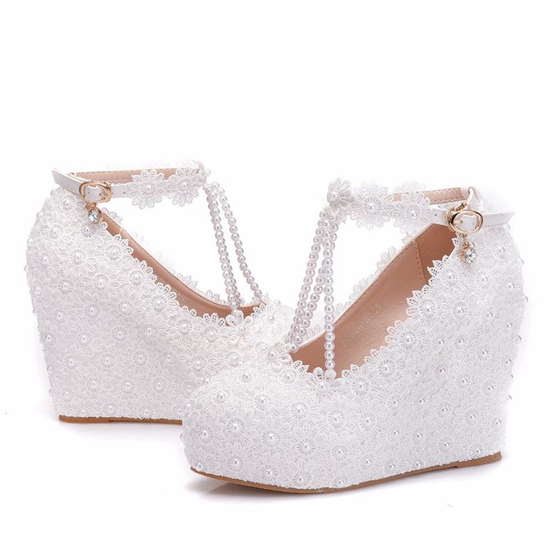 Wedges Heel White Lace Wedding Shoes T 