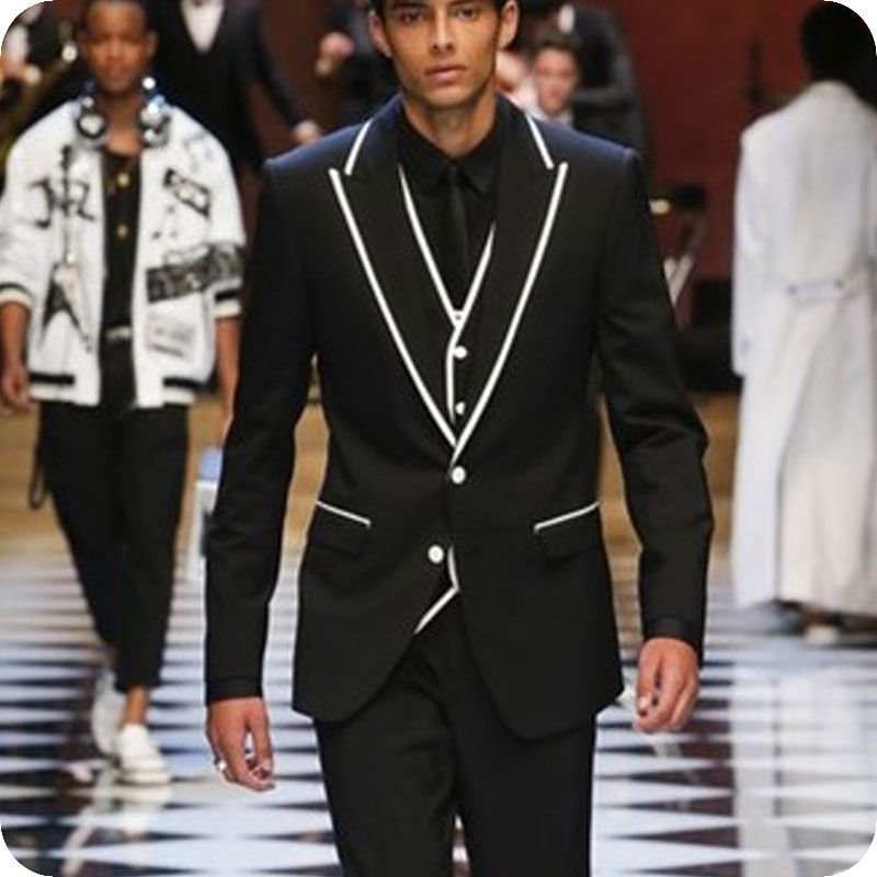 New Fashion Black Men Suits Wedding Groom Tuxedo White Side Man