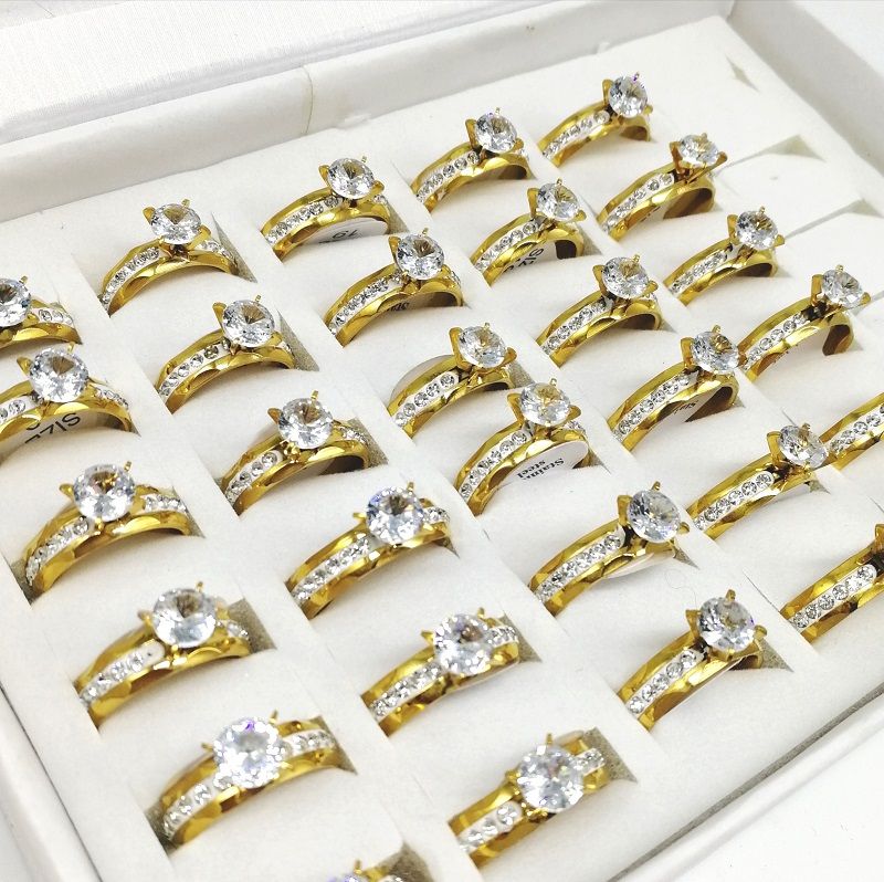 Wholesale 50 Noir rheinstone Bande De Mariage Bagues en Acier Inoxydable Bijoux LOTS