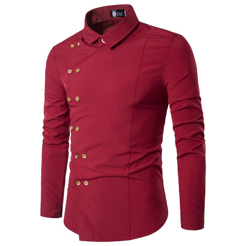 Botón Oblicuo Breasted Doble Irregular Manga Larga Camisa Slim Hombre Botón Oblicuo Breasted Doble Irregular Manga Larga Camisa Slim Hombre