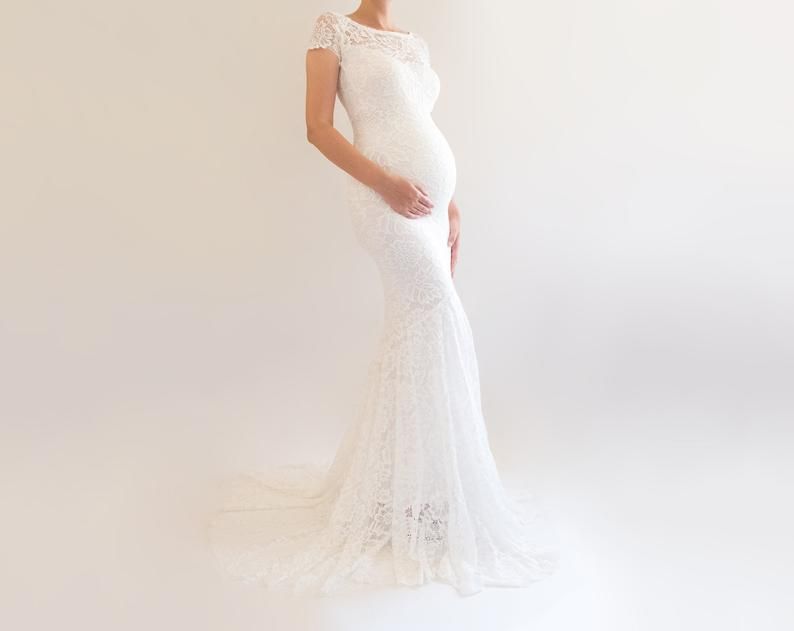 Ivory Lace Maternity Wedding Dresses Mermaid Bridal Gown Short Sleeve
