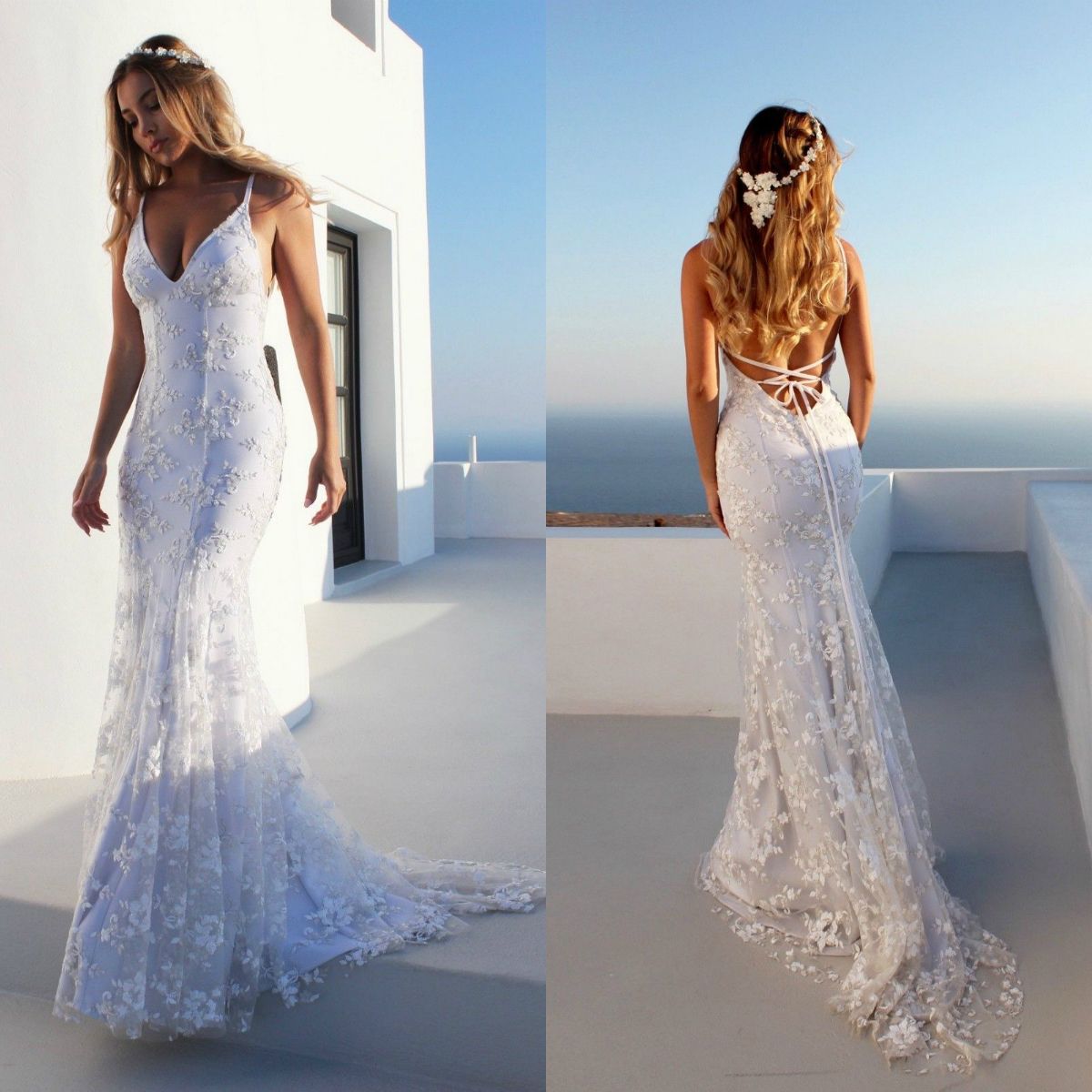 Grosshandel 2019 Mermaid Beach Wedding Dresses Spitze Applizierte Backless Brautkleider V Ausschnitt Land Heisser Verkauf Von Lindaxu90 127 0 Auf