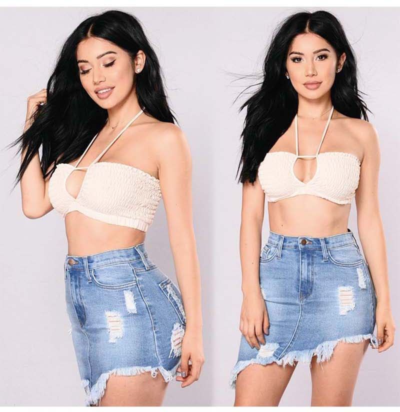 Acquistare Nuove Donne Corte Abito Di Jeans Gonna Con Foro Strappato Nappe  Alta Elastico Metà Vita Jeans Lunghezza Del Ginocchio Gonne A Line Casual  Femminile Spedizione Gratuita Economico | Consegna Veloce E