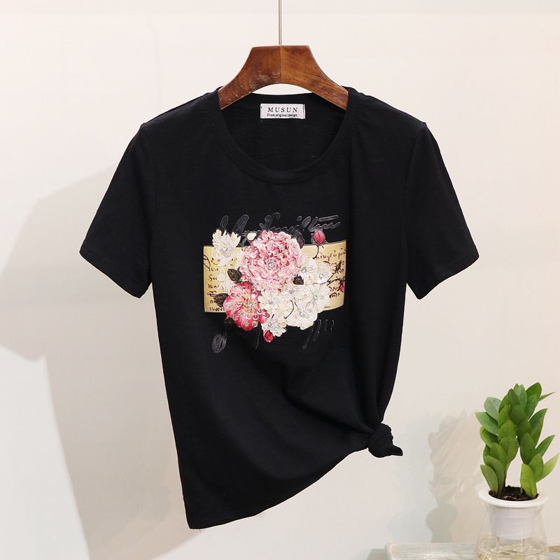 Camiseta Mujer Con Lentejuelas Y De Flores Camiseta De Corta Con Estampado De Verano Rosa Tops De 31,34 € | DHgate