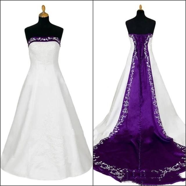 A Line Stunning White And Purple Wedding Dresses Delicate Embroidered ...