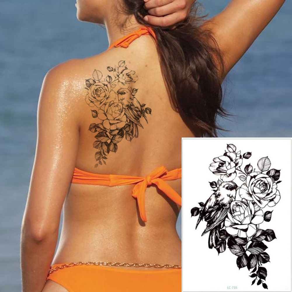 Acheter Grand Bras De Fleur Autocollant De Tatouage Temporaire Rose Et Oiseau Faux Manchon De Tatoo Flash Tatto Imperméable Body Art Femmes Cool Homme
