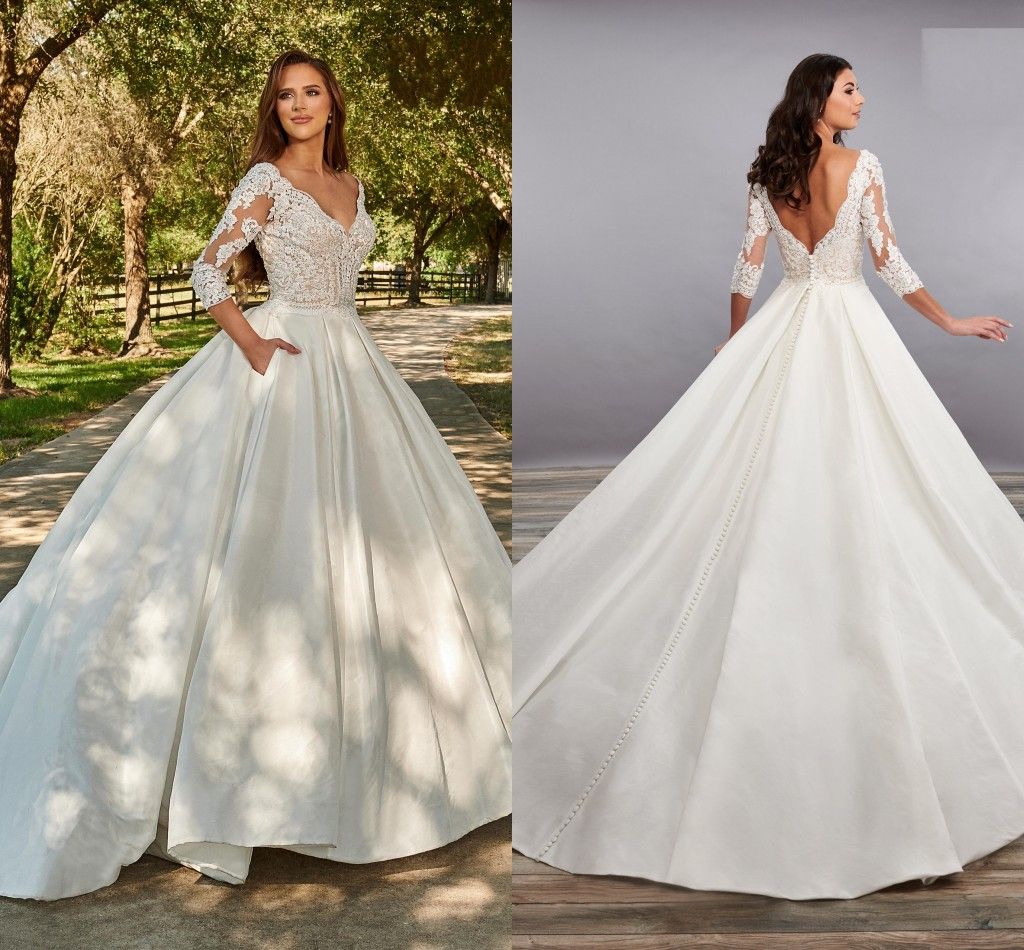 Boho Satin Wedding Dresses A line Lace Appliques Bridal Gowns Elegant V Neck Princess Wedding Party Gowns