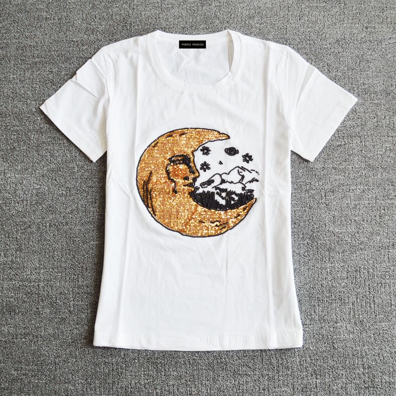 Acquista Estate 2019 Paillettes In Puro Cotone Da Donna Stile Nuovo  Ricamato Con Perline A Maniche Corte T Shirt Con Perline A 18,44 € Dal  Mks770 | It.DHgate.Com