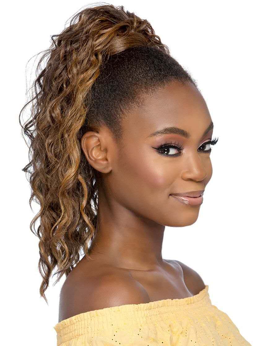 Natural highlights Medium length indian loose wave curly ponytail hairstyle for black women wrap around human Natural highlights Medium length indian loose wave curly ponytail hairstyle for black women wrap around human