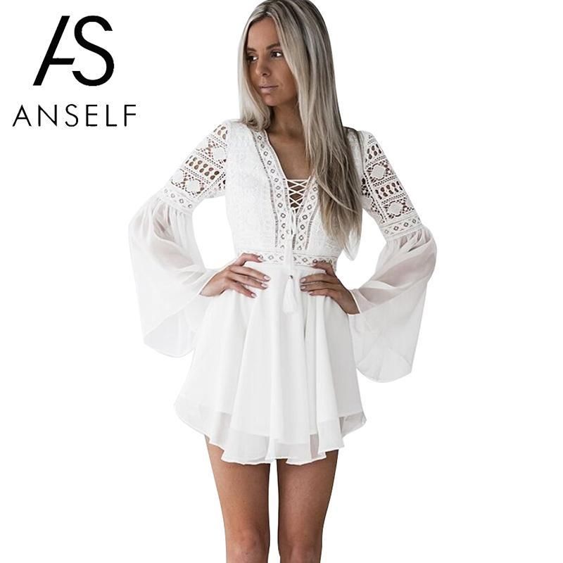 Compra Ahueca Hacia Fuera El Vestido Blanco Atractivo De Las Mujeres Mini Vestido  De La Gasa De Criss Cross Semi Pura Inmersión Con Cuello En V Manga Larga De  Encaje De Ganchillo