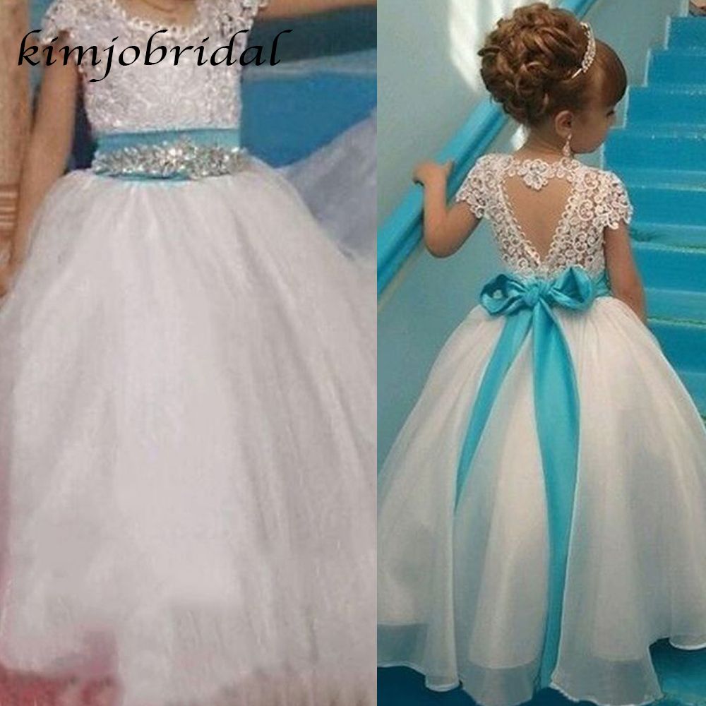 Vestido de gala Vestidos para niñas de flores Manga corta 2019 Escote de tripulación Cristal Bowkot Vestido de gala Vestidos para niñas de flores Manga corta 2019 Escote de tripulación Cristal Bowkot