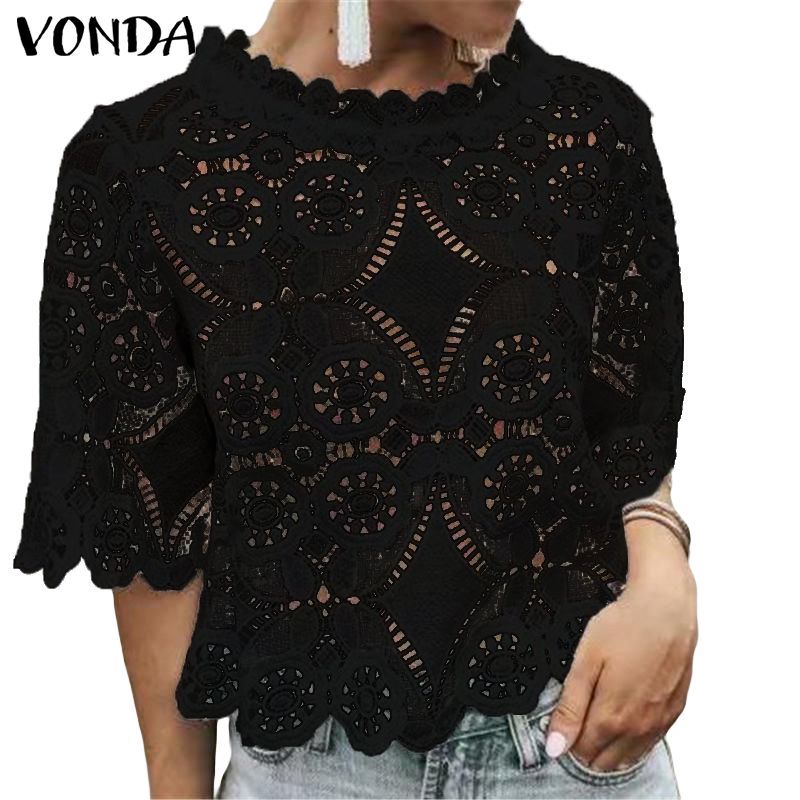 Vonda Blusas de manga corta Mujeres 2019 Elegantes blusas Sexy Ock Hollow Out Solid