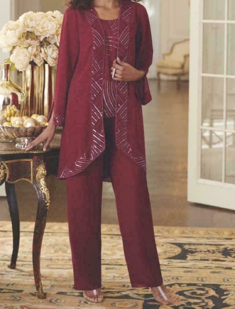 Burgundy Chiffon Mother Of The Bride Pant Suits With Jacket Beaded ...