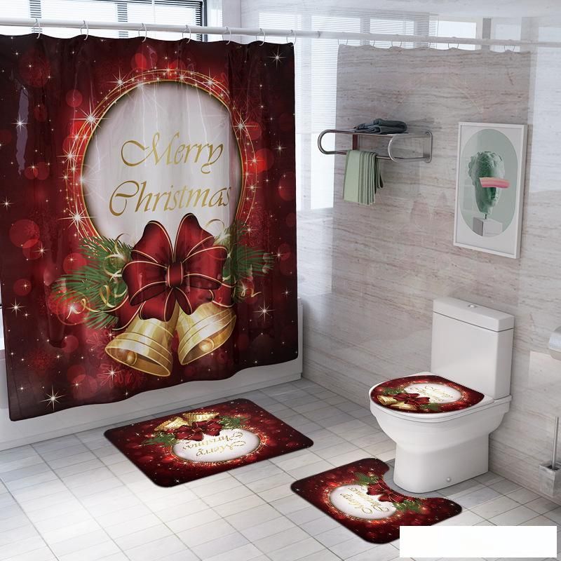 2019 Christmas Bell Christmas Decor Bathroom Shower Curtain Carpet