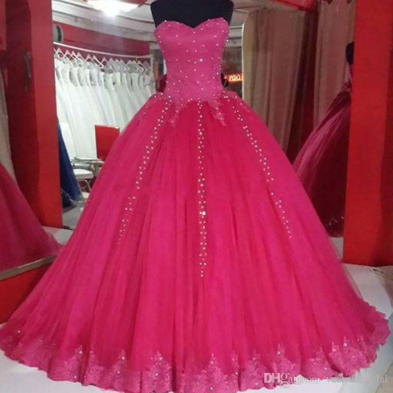 Fuchsia Sweet 16 Dresses Prom Strapless Pearls Lace Tulle Masquerade Ball Gown Evening Formal Wear Quinceanera Dress Vestido De 15 Anos Fuchsia Sweet 16 Dresses Prom Strapless Pearls Lace Tulle Masquerade Ball Gown Evening Formal Wear Quinceanera Dress Vestido De 15 Anos