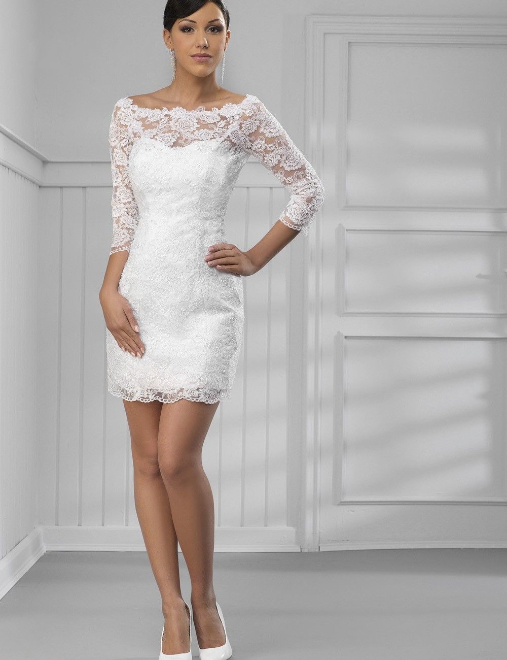 Vestidos De Recepción De Boda Cortos Vestido Blanco Falda Desmontable Scoop Cuello Vestido De Encaje Vestidos Nupciales De 63,79 € | DHgate