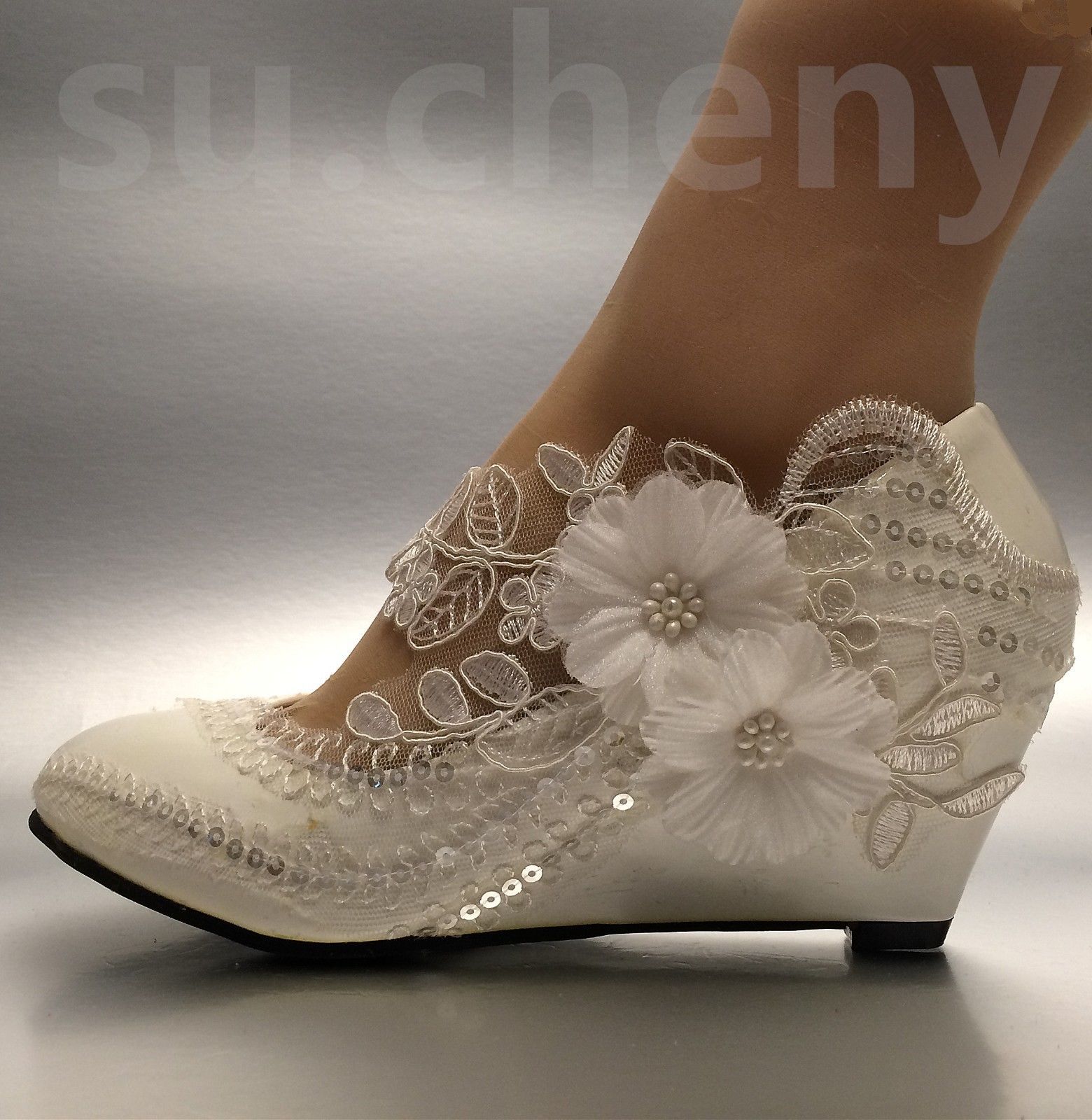 Wedge Lace White Ivory Rhinestone Sequin Daisy Low Wedge Wedding